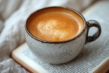 Obraz premium Coffee cup with foam on book cozy scene