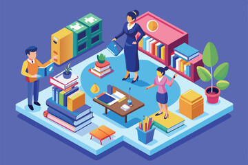 Obraz premium This illustration features teachers interacting in a colorful classroom filled with books and desks, Teachers' day Customizable Isometric Illustration