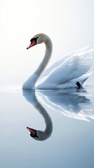 Fototapeta premium Elegant swan swimming in a lake surrounded by tranquil waters and greenery epitomizing grace and natural beauty