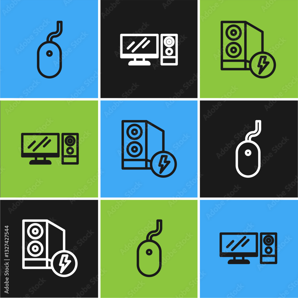 Poster Set line Computer mouse, Case of computer and monitor icon. Vector