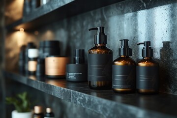 Bathroom shelf with soap dispensers containers and a marbled tile wall background