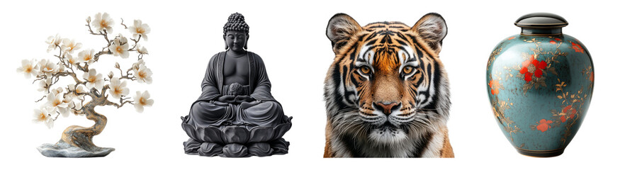Fototapeta premium Intricate Design of Nature and Culture with Statue and Tiger Face, PNG bundle collection, Isolated on Transparent Background