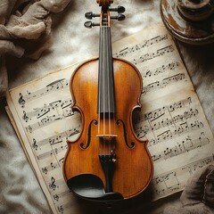 Fototapeta premium Stunning close-up of an elegant violin resting on sheet music illuminated by soft golden hour light for artistic vibe