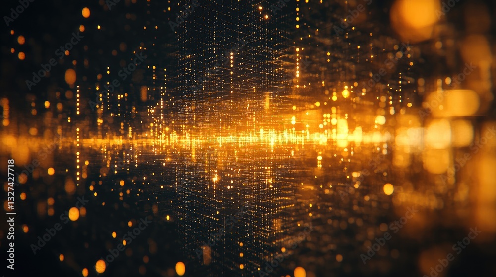 Poster Abstract gold digital particles background.  Possible use technology concept, futuristic design