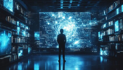 Obraz premium Silhouette of a person standing in a futuristic tunnel of glowing data and technology