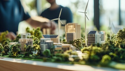 Engineers collaborating on sustainable architecture model with wind turbines, solar panels, and green building design in office
