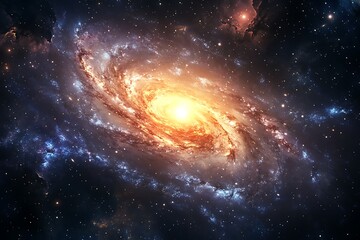 Fototapeta premium Star system with a radiant center star hugged by curling gas and dust flows in cosmic space glittery sky background with murky nebulae and far planets 