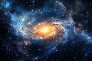 Fototapeta premium Galaxy featuring a bright hub star ringed by whirling gas and dust waves in outer realm sparkling sky setting with dim nebulae and distant orbs 