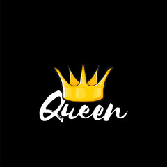 Queen Golden Crown with White Script Typography, Elegant Symbol of Royalty and Feminine Power on Black Background, Perfect for Luxury Design and Digital Art Projects