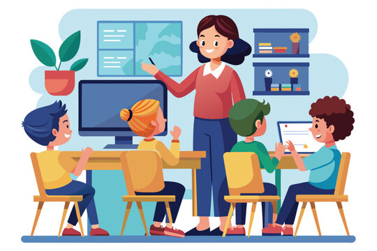 A teacher engages with students sitting at their desks, using technology to enhance learning, Teacher teaching by computer