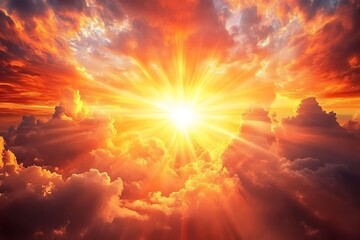 Obraz premium Shining evening sky with beams cutting dark clouds bright sky of orange red shades fine nature view strong glow hopeful vista sacred vibe quiet serene 