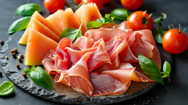 melon and prosciutto on a plate, italian cuisine, smoked meat, fruits, restaurant