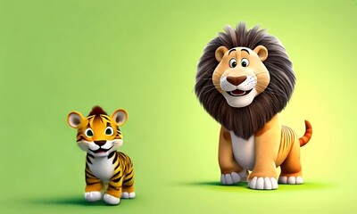 Cartoon tiger cub walks beside two animated lion characters on light green background