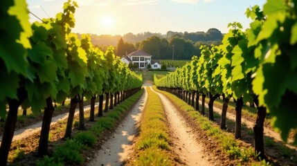 Fototapeta premium Serene vineyard path leading to a charming country estate at sunset
