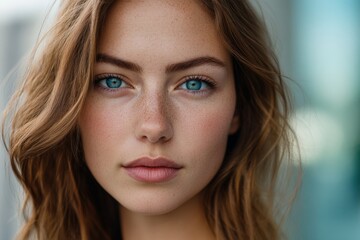 Obraz premium Close-up of young caucasian female with freckles and blue eyes