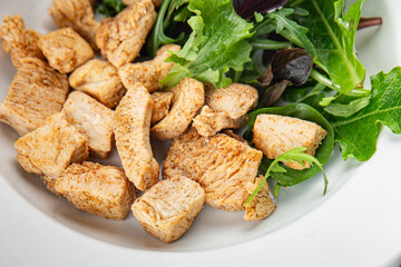 Salad turkey meat green leaves mix fresh  gourmet food background on the table rustic food top view copy space keto and paleo diet