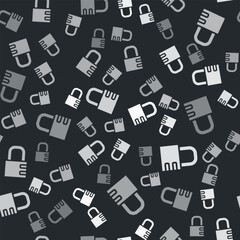 Grey Safe combination lock icon isolated seamless pattern on black background. Combination padlock. Security, safety, protection, password, privacy. Vector