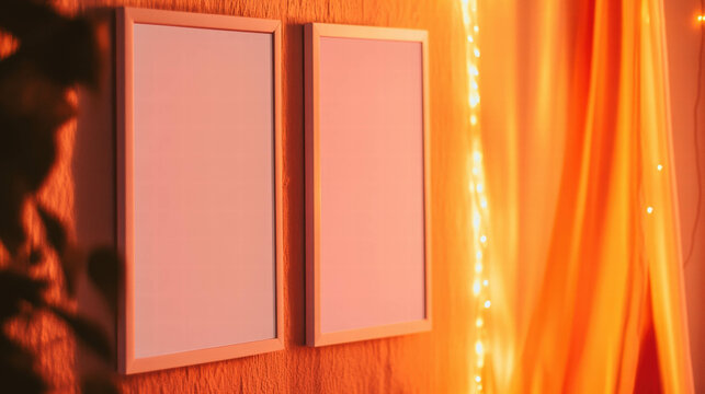 Minimalist home decor with two white frames on textured wall and warm lighting atmosphere