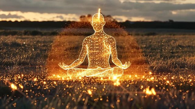 Leuchtende spirituelle Figur bei Meditation im Sonnenuntergang