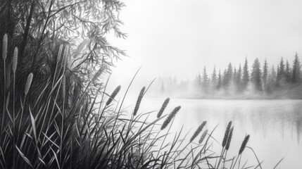 Misty forest lake scene