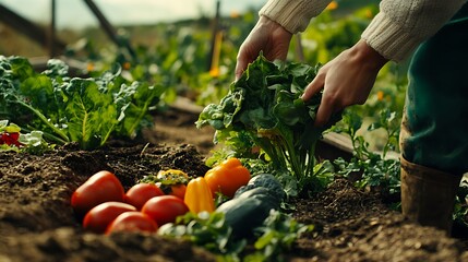 Fototapeta premium A gardener picking fresh vegetables from an organic garden on Earth Day. 