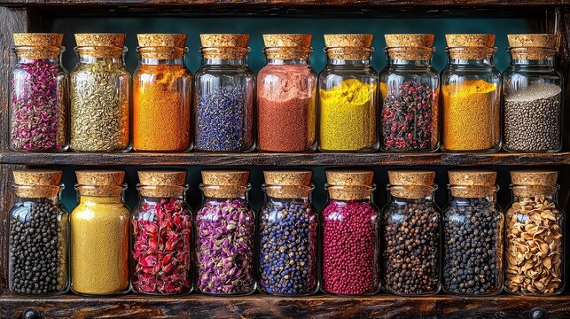 Aromatic Spice Collection in Glass Jars on Wooden Shelf,  Organized Spices and Herbs, Colorful Seasoning Assortment for Cooking and Baking