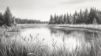 Fototapeta premium Serene landscape of a tranquil lake surrounded by towering trees and tall grass