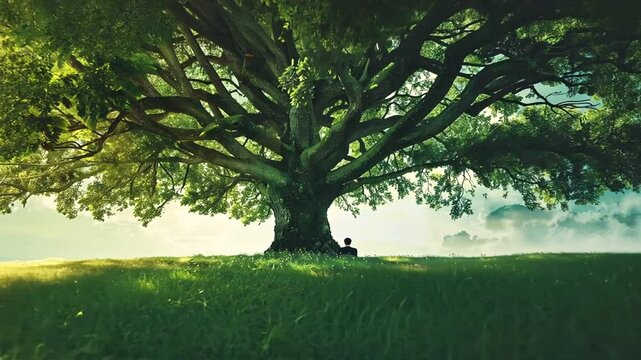 Meditation unter einem gro&szlig;en Baum bei Sonnenaufgang