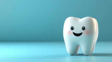 Cute smiling tooth cartoon character,symbolizing dental health,children's dentistry, perfect pediatric dental clinics, promotional materials,educational content tooth care.mock up,banner,copy space