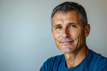 Obraz premium A man in a blue shirt smiles at the camera