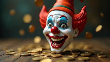 Smiling Clown Head on Unstable Coin Stack. Risky Finance. Perfect for financial schemes, investment scams, unreliable financial advisors, market bubbles, economic instability