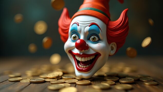 Smiling Clown Head on Unstable Coin Stack. Risky Finance. Perfect for financial schemes, investment scams, unreliable financial advisors, market bubbles, economic instability
