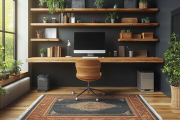 Modern home office setup with floating desk shelves and houseplants Warm inviting space