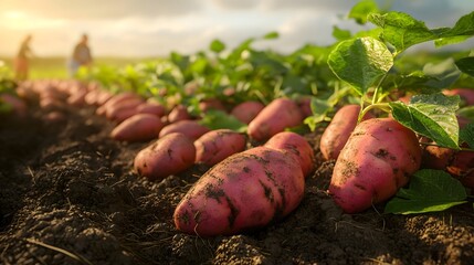 Autumn harvest of sweet potatoes in farmland