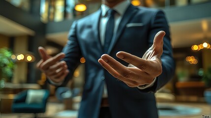 Confident Businessman Offering Handshake, Welcoming Gesture in Modern Office Lobby,  Professional Corporate Dealmaking, Successful Entrepreneur Presenting Opportunity
