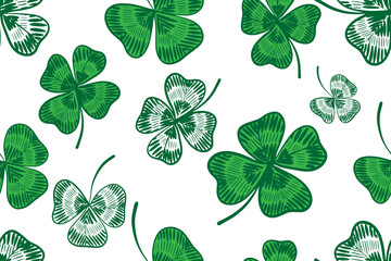 Seamless pattern. St. Patrick's Day. Set of clovers shamrock and four-leaf clover. Hand drawn. Vector
