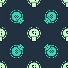 Fototapeta premium Green and beige Stop smoking, money saving icon isolated seamless pattern on blue background. Quit smoking to save money. Vector