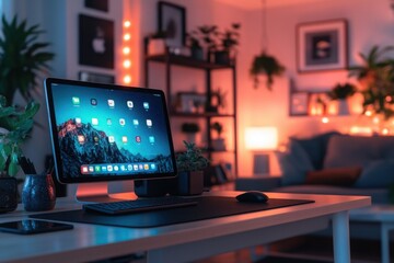 Digital workspace featuring a modern tablet display and cozy lighting in a home setting