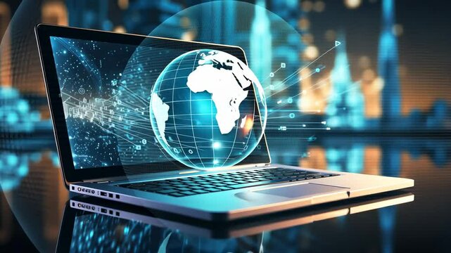 hologram of planet earth projected from laptop screen, global world, web, internet, computer, technology, network, online travel, buying tickets
