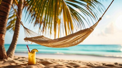 Naklejka premium Hammock and Cocktail on a Sunny Ocean Shore Illustration for World Laziness Day and World Cocktail Day