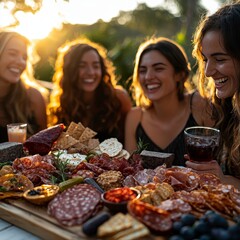 Group of friends enjoying a beautiful sunset party with a delicious charcuterie board and lively conversation
