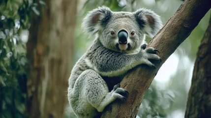 Fototapeta premium A serene 4K wildlife wallpaper of a koala bear eating leaves on a tree branch, captured beautifully in a peaceful setting, perfect for nature and animal lovers.