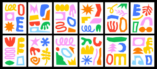 Set of colorful abstract shapes illustrations. Fun artistic backgrounds with doodles. Collection of hand-drawn childish elements. Playful collages and patterns for posters, cards, covers, or branding.