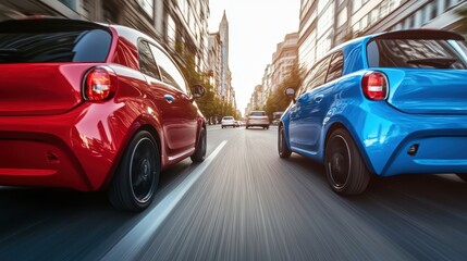 Fototapeta premium Red and blue compact cars moving at high speed on an asphalt city road, illustrating urban transport during rush hour and highlighting the implications of fuel consumption