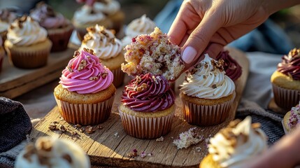 Person selecting a beautifully decorated raw vegan cupcake from a wooden board full of colorful desserts for enjoyment