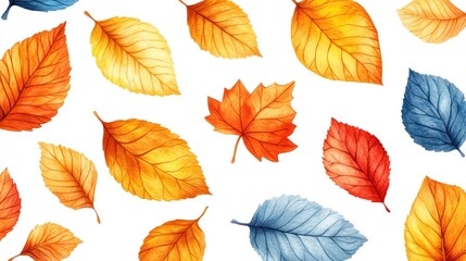 Obraz premium Watercolor autumn leaves pattern on white background for seasonal design