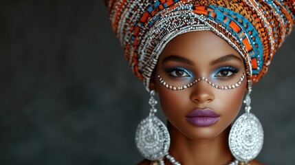African young woman wearing colorful beaded headwrap and earrings