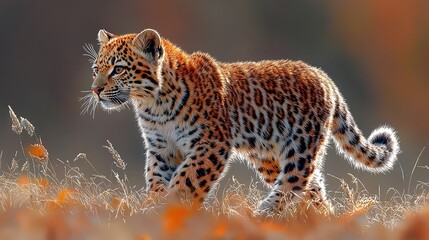 Fototapeta premium Majestic Young Leopard Prowling Through Golden Autumn Grasslands A Stunning Wildlife Image of a Leopard Cub Hunting in the Fall
