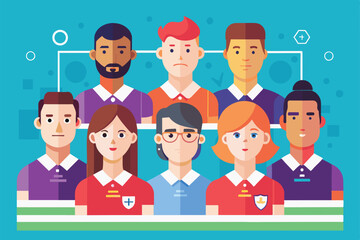 A colorful flat illustration showcasing a customizable team lineup with eight members in various shirts, Team lineup Customizable Flat Illustration