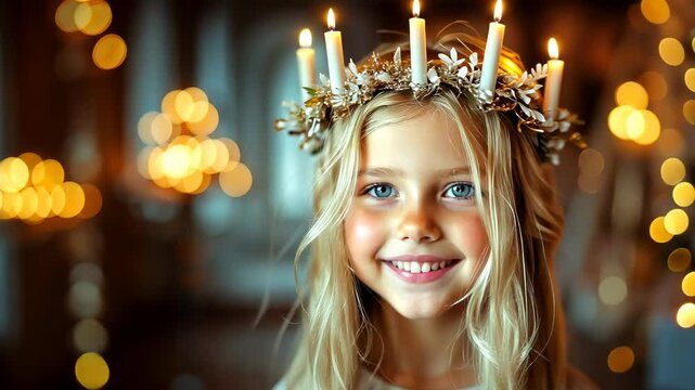 little blonde girl with wreath of candles on head, saint lucia day, golden beige soft blurry background, sweden, catholic tradition, protestant church, religious holiday, christmas angel